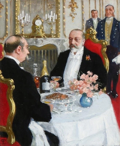 Kong Georg av Hellas og kong Edward Vii av England skåler i champagne