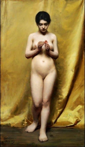 裸体，手里拿着一朵红花，站在黄色的窗帘前