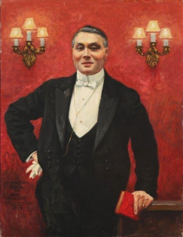 Porträtt av en gentleman i hel aftonklänning som håller i en röd bok 1928
