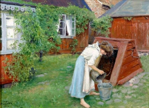 《巴斯塔德女孩取水的花园场景》