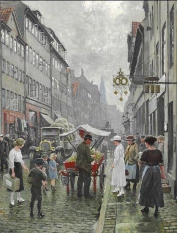 Gatuliv i Borgergade i Köpenhamn med en man som säljer äpplen från en röd vagn 1919