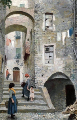 Blick auf die Straße von San Remo mit Frauen und Kindern auf einer Treppe