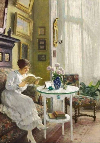 Konstnärens fru Musse läser hemma på Sofievej 1