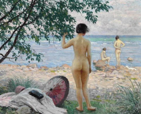 O guarda-sol japonês. Dando banho em mulheres na praia de Hornb K