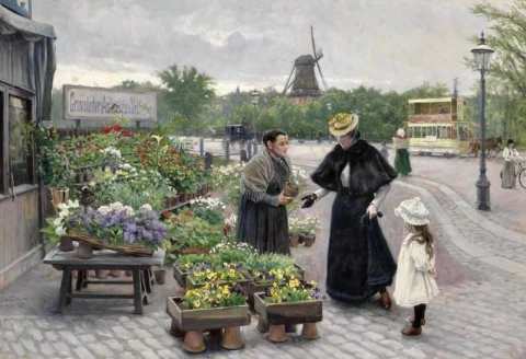 Målarens hustru Dagny och deras dotter Harriet vid ett blomsterstånd i Sterport 1895