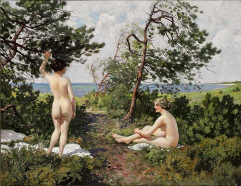 两个沐浴的女孩在 Hornb K 海岸附近的灌木丛中