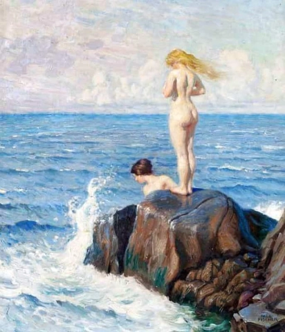 Zwei badende Mädchen auf Felsen
