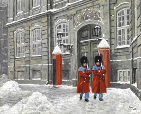 Dos guardias reales en el invierno de Amalienborg