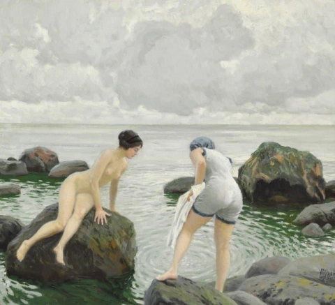 岩だらけの海岸で水浴びをする 2 人の女性