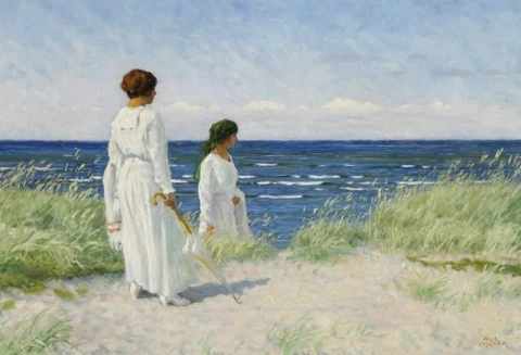 Två unga flickor i lätta sommarklänningar på stranden vid Hornb K