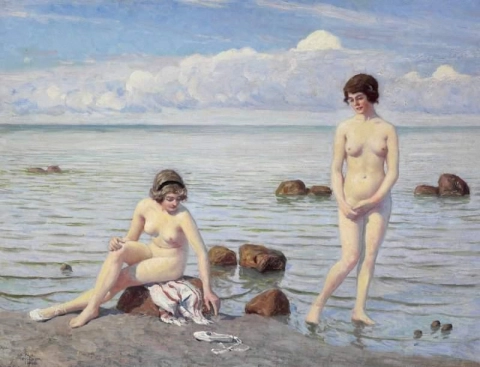 Två unga kvinnor på stranden 1916