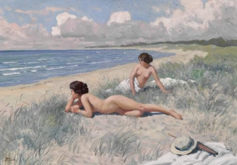 Two Young Women Sunbathing On Hornb K Beach
