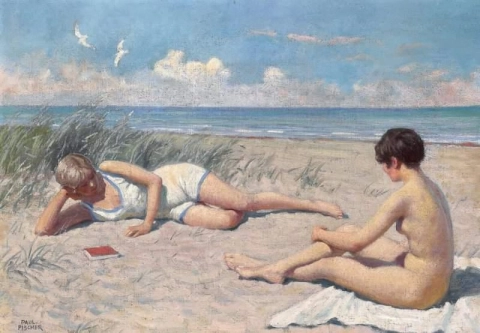 해변에서 일광욕을 하는 두 젊은 여성