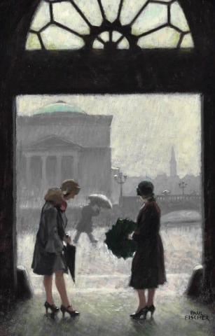View From Ved Stranden In Copenhagen With Two Women Sheltering From The Rain. In The Background Christiansborg Slotskirke The Palace Church