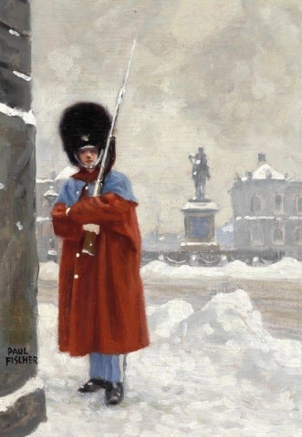 Dia de inverno em Amalienborg com uma guarda real de plantão