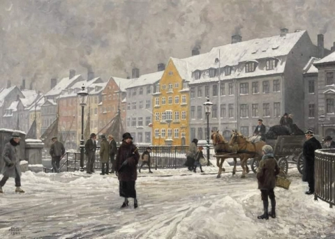 Winterdag in Nyhavn gezien vanaf de Nyhavn-brug 1924