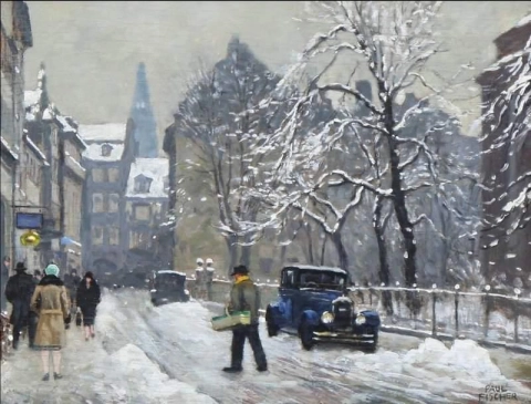 Escena de invierno de Niels Hemmingsens Gade en Copenhague mirando hacia el Palacio de Christiansborg