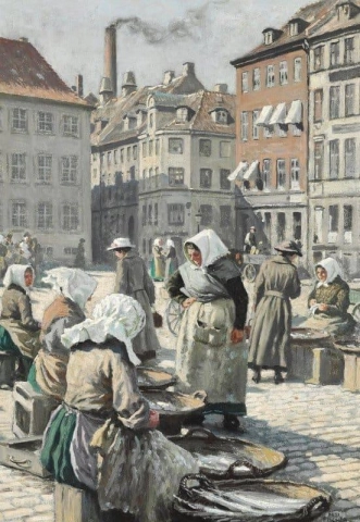 Kvinnor som säljer fisk på Gammel Strand i Köpenhamn