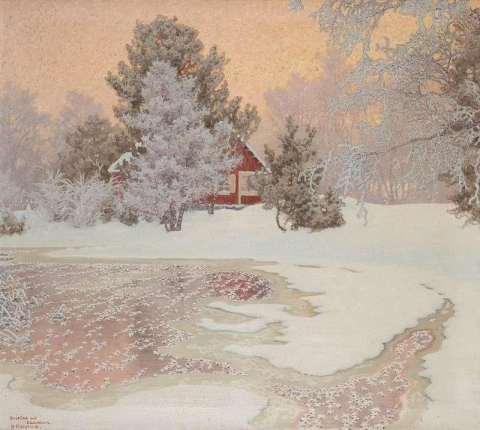 المناظر الطبيعية في فصل الشتاء مع كوخ أحمر