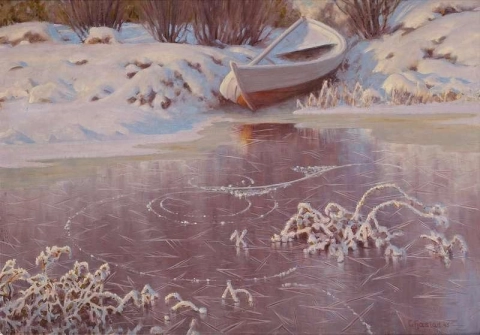 Vinterlandskap med frusen sjö 1945