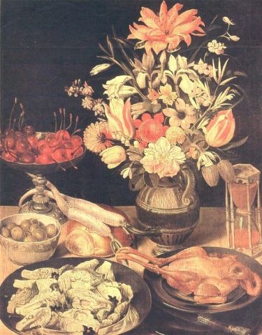 Flegel Georg asetelma kukkien ja ruoan kanssa