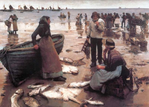 Ein Fischverkauf an einem Strand in Cornwall, 1885