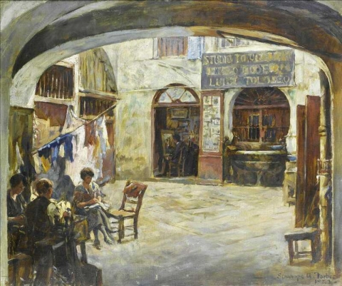 Figuren op een Italiaanse binnenplaats buiten het atelier van Luigi Tolomeo, 1923