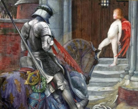 Een ridder en Cupido voor een kasteeldeur, 1900
