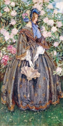 Viktoriaaninen nainen seisoo suuren rododendronin edessä