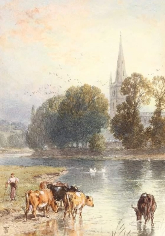 牛在河边喝水，远处有教堂