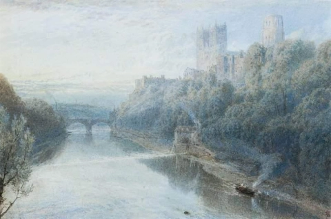 Kathedraal van Durham in de schemering gezien vanaf de rivier Wear