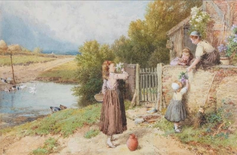 Girls Beside A Cottage Gate