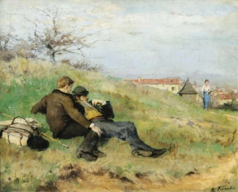 Artistas Mathias Schif e Camille Martin sentados no campo, 1880