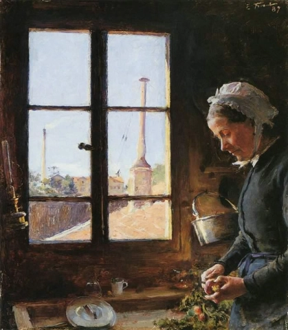 Retrato de sua mãe descascando um nabo na frente de uma janela