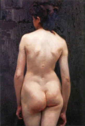 Vista posteriore nuda femminile in piedi