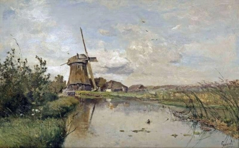 Uma paisagem de rio com um moinho de vento