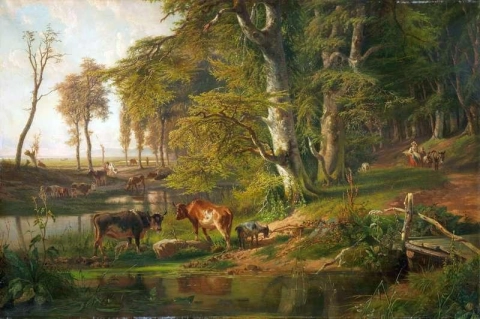 森の小川のそばの牛 オースタービーク