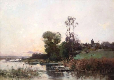 河上日落，约 1900 年