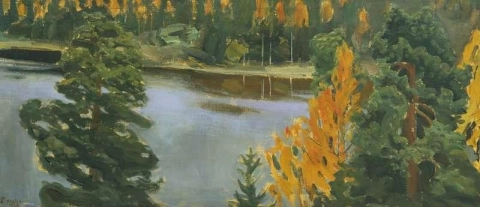 Uitzicht op het meer in de herfst van 1905