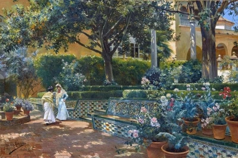 Frauen spazieren wahrscheinlich in den Gärten des Alcazar Sevilla 1906