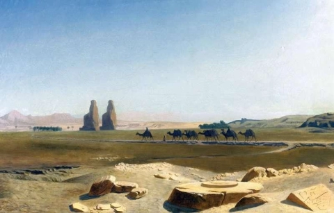 Caravan passeert de kolossen van Memnon Thebe, 1856