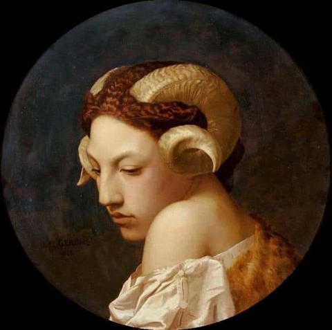 バッカンテと呼ばれるラムの角をかぶった女性の頭