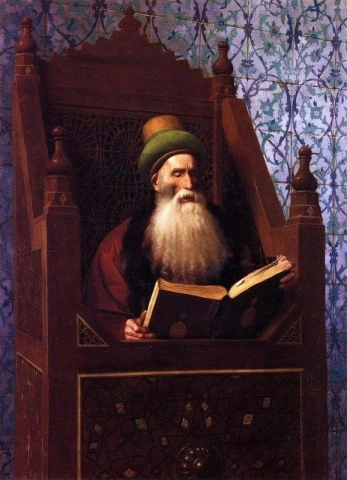 Mufti liest auf seinem Gebetshocker, um 1900