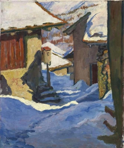 Verschneite Dorfpartie en Capologo 1932
