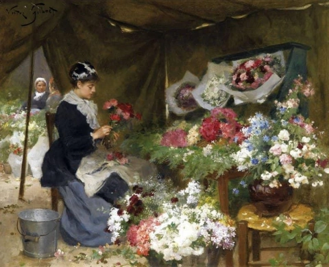 Eine Blumenverkäuferin, die ihre Blumensträuße herstellt
