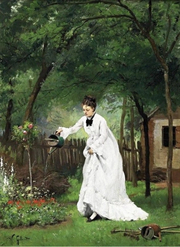 Мадам Гилберт поливает цветы
