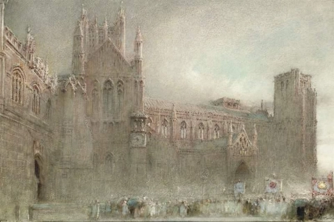 Una procesión por el pórtico norte de la Catedral de Wells Somerset 1920