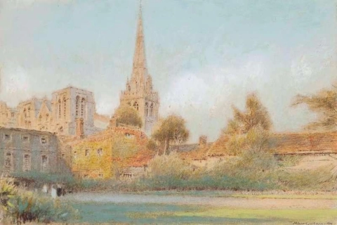 Kathedraal van Chichester gezien vanuit Bishop S Palace Gardens 1915-1917