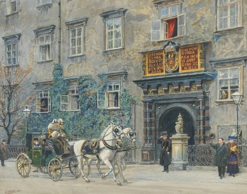 Keisari Francis Josephin lähtö lähellä Schweizertor-rakennusta Hofburgin kartanossa
