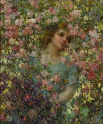 Ein Mädchen inmitten einer Fülle von Gartenblumen
